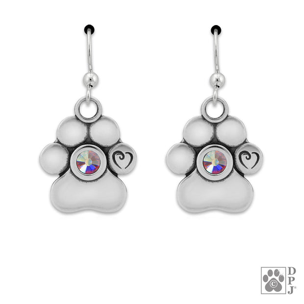 Personalized Crystal Paw Print Earrings, Unconditional Love Earrings in Sterling Silver