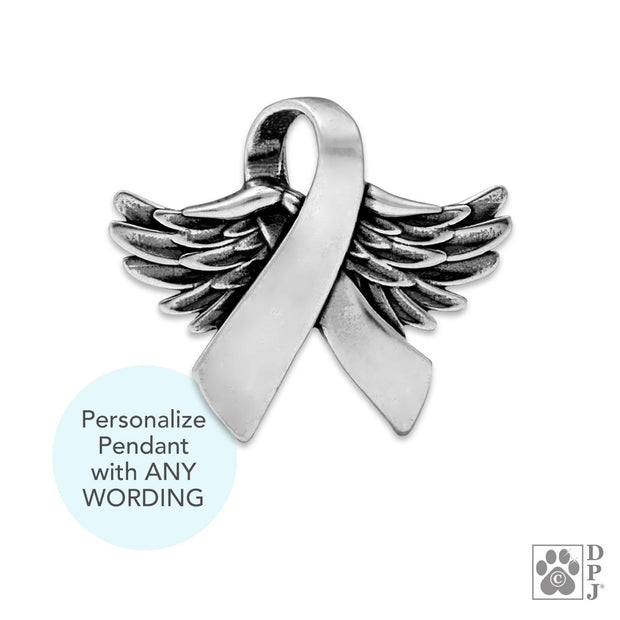 Personalized Angel Wing Awareness Ribbon Necklace, Sterling Silver Wings Of Hope Pendant