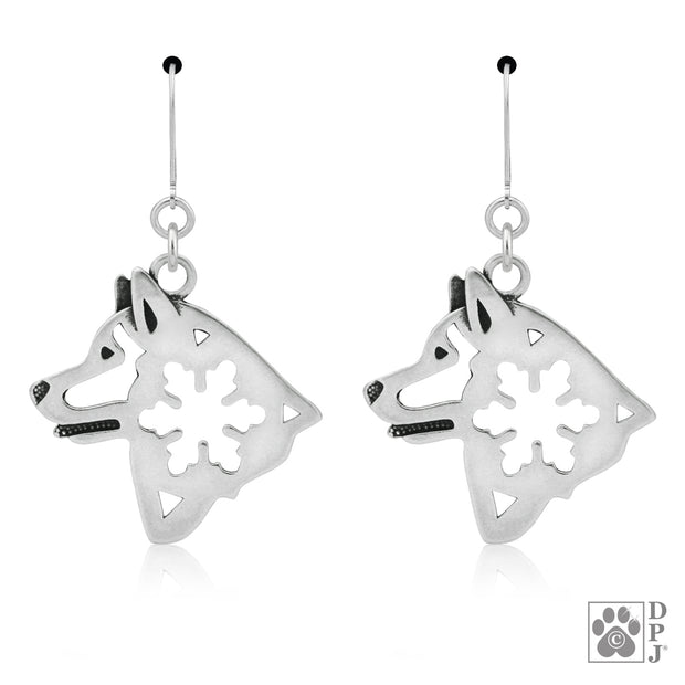 Sterling Silver Alaskan Malamute Earrings with Snowflake Detail