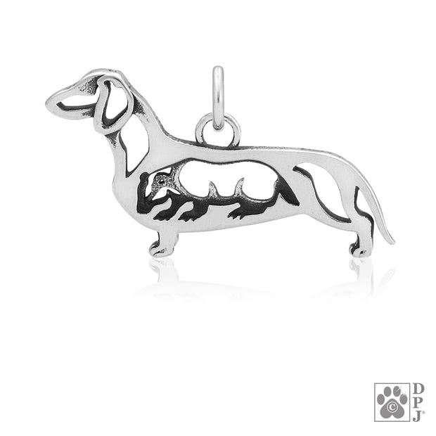 Dachshund Necklace Charm in Sterling Silver, Smooth w/Badger