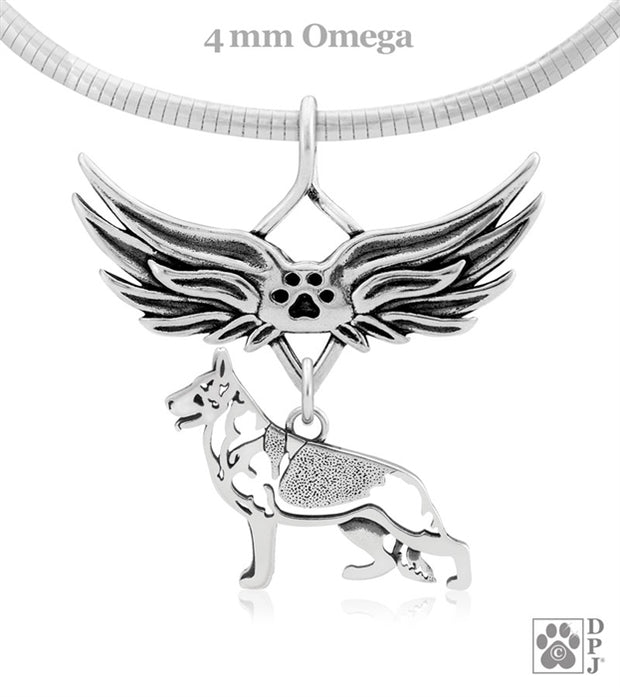 Sterling silver German Shepherd angel wing memorial necklace, Rainbow bridge jewelry, Pet sympathy gifts
