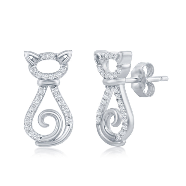 Cat Stud Earrings With CZ In Sterling Silver
