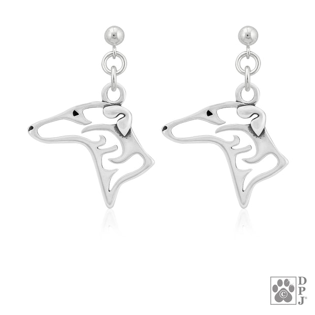 Sterling silver Greyhound earrings head study on dangle posts, Greyhound jewelry
