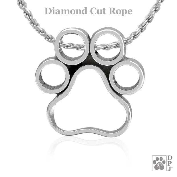 Paw print sliding necklace pendant on dimond cut rope, Medium sterling silver dog paw pendant