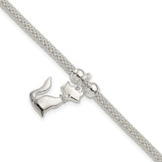 Kitty Cat Bracelet In Sterling Silver w/CZ Collar On Mesh Bracelet
