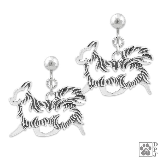 Longhaired Chihuahua clip-on earrings in sterling silver, Stylish Longhaired Chihuahua bling