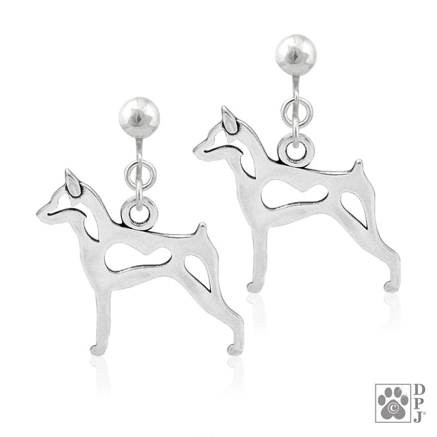 Miniature Pinscher clip-on earrings in sterling silver, Stylish Miniature Pinscher bling