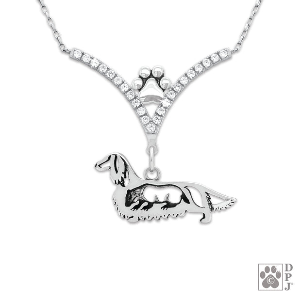 Fine Dachshund jewelry in sterling silver, Dachshund necklace in sterling silver with cubic zirconia 