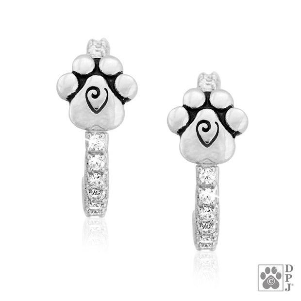 Cubic Zirconia VIP Paw Print Hoop Earrings in Sterling Silver