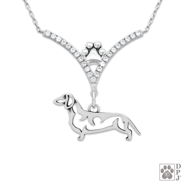 High end Dachshund jewelry and gifts, Cubic zirconia Dachshund necklace in sterling silver