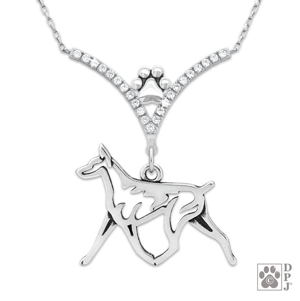 Luxury Doberman Pinscher necklace gifts, Doberman Pinscher necklace in sterling silver with cubic zirconia 