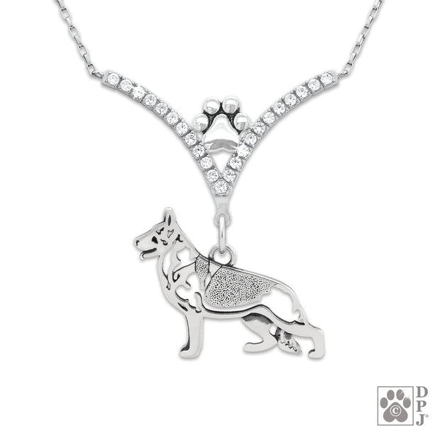 Fine German Shepherd jewelry in sterling silver, Luxury German Shepherd cubic zirconia necklace in sterling silver