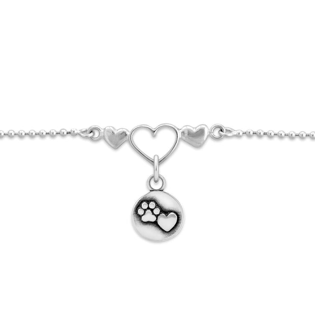 Heart and Paw Charm Anklet, Sterling Silver One Love Ankle Bracelet, w/Close To My Heart