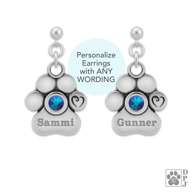 Personalized Crystal Paw Print Earrings, Unconditional Love Earrings
