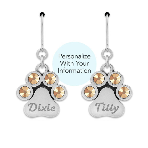 Personalized Crystal Paw Print Earrings, You Are My Shining Light