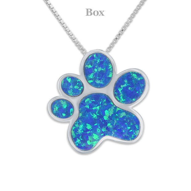 Blue Opal Paw Print Necklace Pendant In Sterling Silver