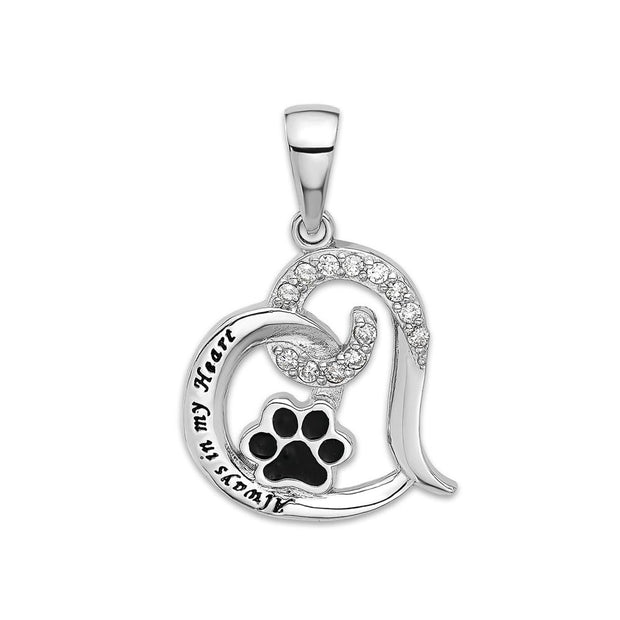 CZ Paw Print Heart Pendant in Sterling, Always On My Heart Necklace