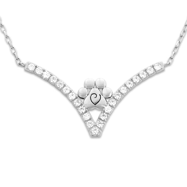 V-Shaped Necklace in Cubic Zirconia and Sterling Silver Chain with Pawprint.