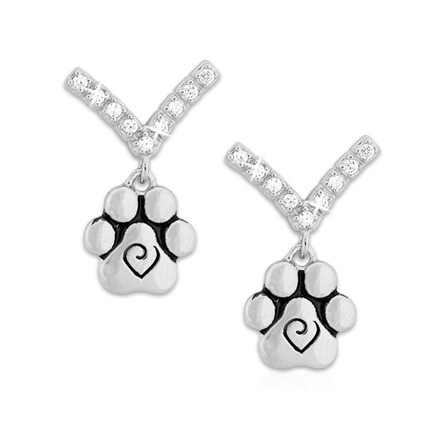 Cubic Zirconia VIP Paw Print Dangle Post Earrings in Sterling Silver