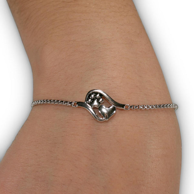 Paw Print and Heart Bracelet, Sterling Silver Close To My Heart Adjustable Bracelet