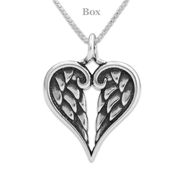 Heart Shaped Sympathy Gift Angel Wing Necklace in Sterling Silver on Box Chain.