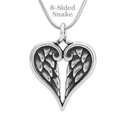 Heart Shaped Sympathy Gift Angel Wing Necklace in Sterling Silver on Snake Chain.