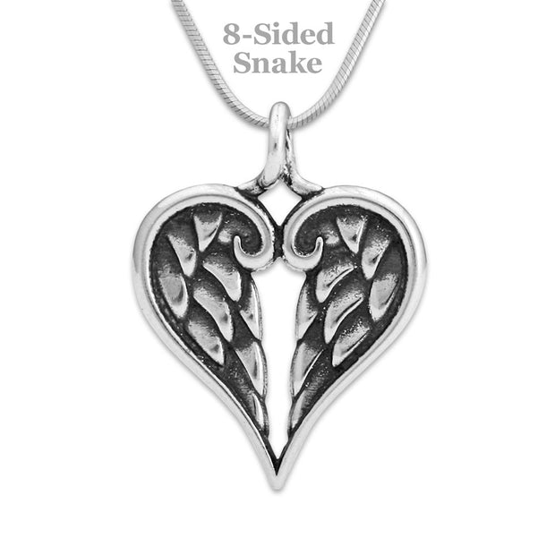 Heart Shaped Sympathy Gift Angel Wing Necklace in Sterling Silver on Snake Chain.
