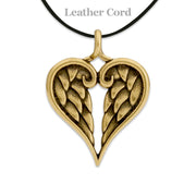 Heart Shaped Sympathy Gift Angel Wing Pendant in Bronze on Leather Cord.
