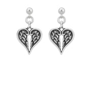 Heart Shaped Sympathy Gift Angel Wing Earrings in Sterling Silver in Dangle Post.