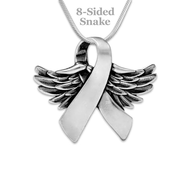 Personalized Angel Wing Awareness Ribbon Necklace, Sterling Silver Wings Of Hope Pendant