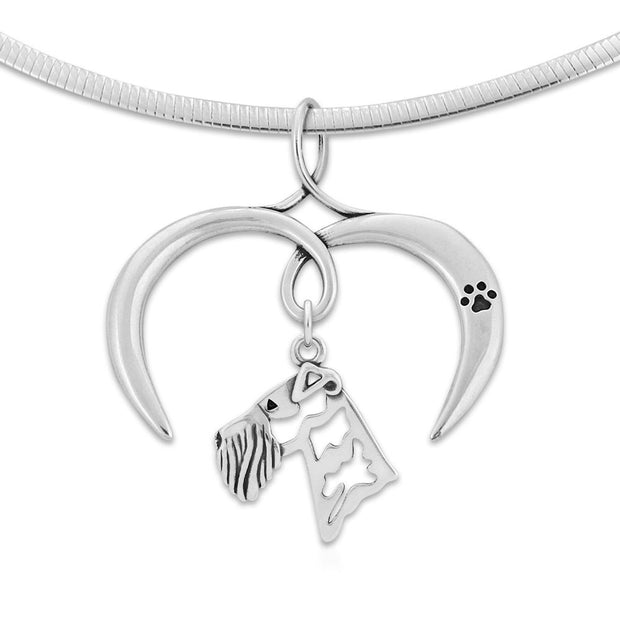 Airedale Terrier Necklace with Open Heart Charm Holder with Paw Print in Sterling Silver on Omega Chain.