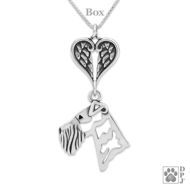 Airedale Terrier Sympathy Gift Necklace with Heart Shaped Angel Wing Pendant in Sterling Silver on Box Chain.