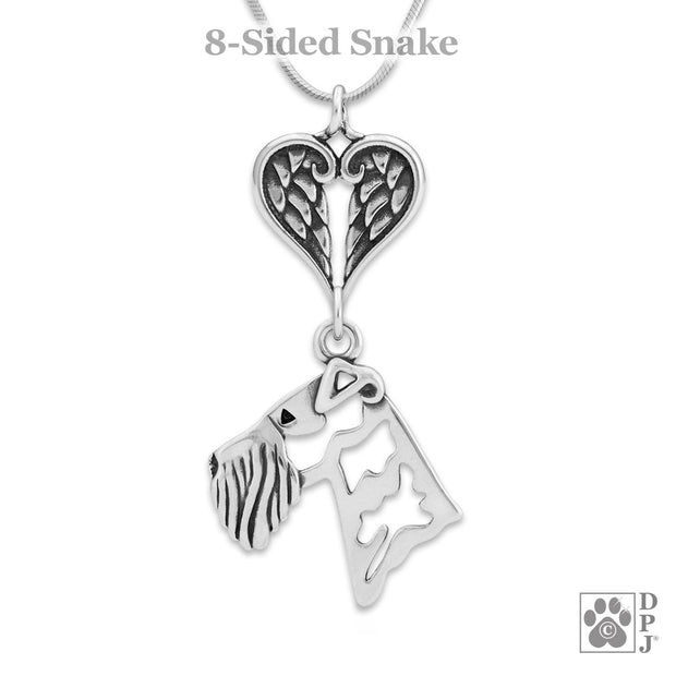 Airedale Terrier Sympathy Gift Necklace with Heart Shaped Angel Wing Pendant in Sterling Silver on Snake Chain.