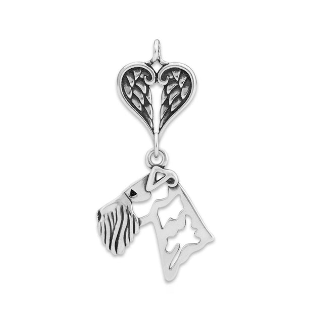 The Airedale Terrier remembrance gift consists of a sterling silver Airedale Terrier pendant suspended from a heart shaped sterling silver angel wing charm holder. The dog breed pendant is designed to breed standard.  Personalization is available on the reverse side.