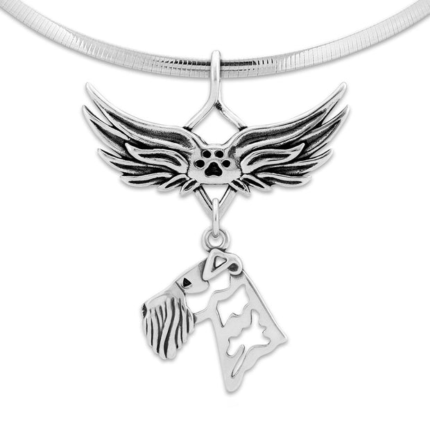 Airedale Terrier Pet Loss Necklace with Angel Wing Charm Holder with Paw Print in Sterling Silver on Omega Chain.