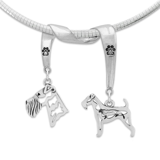 Airedale Terrier Necklace Head and Body Designs on Paw Print Charm Holder in Sterling Silver on Omega Chain.