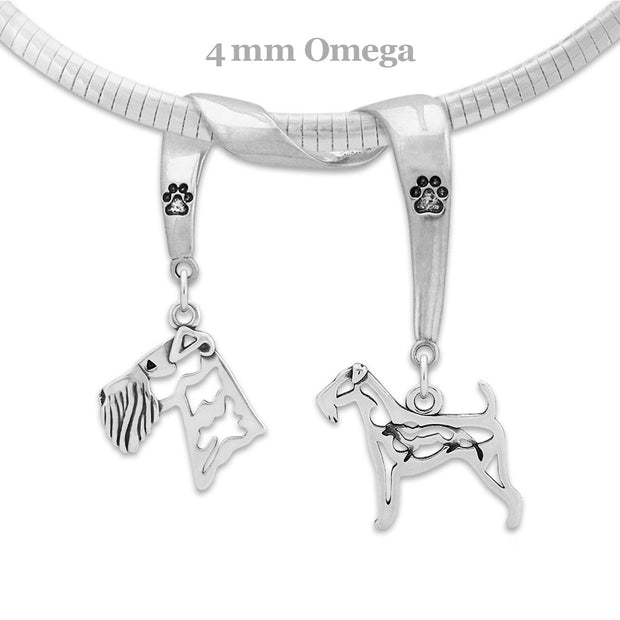 Airedale Terrier Necklace Head and Body Designs on Paw Print Charm Holder in Sterling Silver on Omega Chain.
