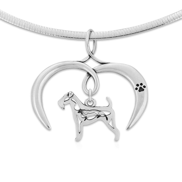 Airedale Terrier Necklace with Open Heart Charm Holder with Paw Print in Sterling Silver on Omega Chain.