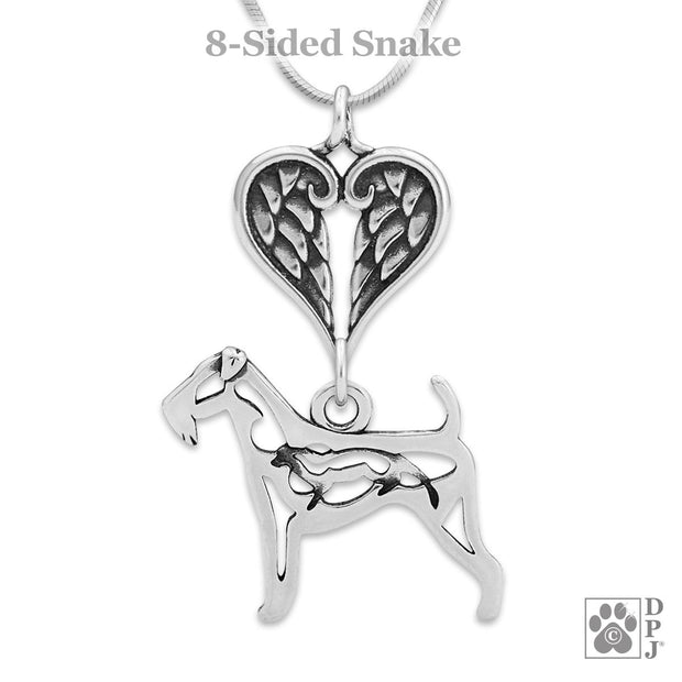 Airedale Terrier Sympathy Gift Necklace with Heart Shaped Angel Wing Pendant in Sterling Silver on Snake Chain.