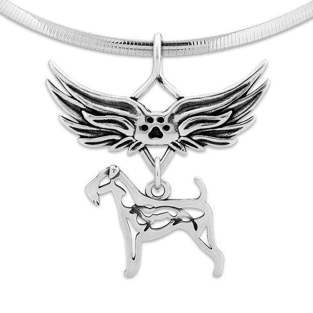 Airedale Terrier Pet Loss Necklace with Angel Wing Charm Holder with Paw Print in Sterling Silver on Omega Chain.