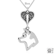 Akita Sympathy Gift Necklace with Heart Shaped Angel Wing Pendant in Sterling Silver on Box Chain.