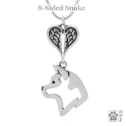 Akita Sympathy Gift Necklace with Heart Shaped Angel Wing Pendant in Sterling Silver on Snake Chain.