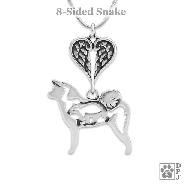 Akita Sympathy Gift Necklace with Heart Shaped Angel Wing Pendant in Sterling Silver on Snake Chain.