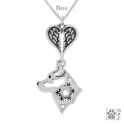 Alaskan Klee Kai Sympathy Gift Necklace with Heart Shaped Angel Wing Pendant in Sterling Silver on Box Chain.