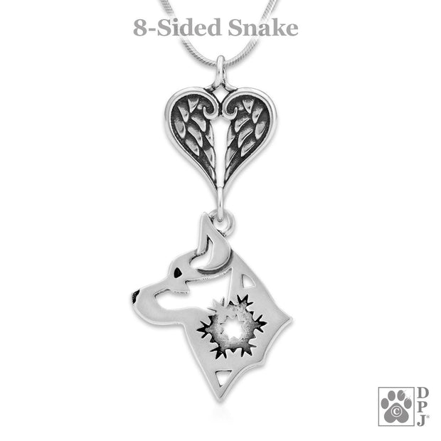 Alaskan Klee Kai Sympathy Gift Necklace with Heart Shaped Angel Wing Pendant in Sterling Silver on Snake Chain.
