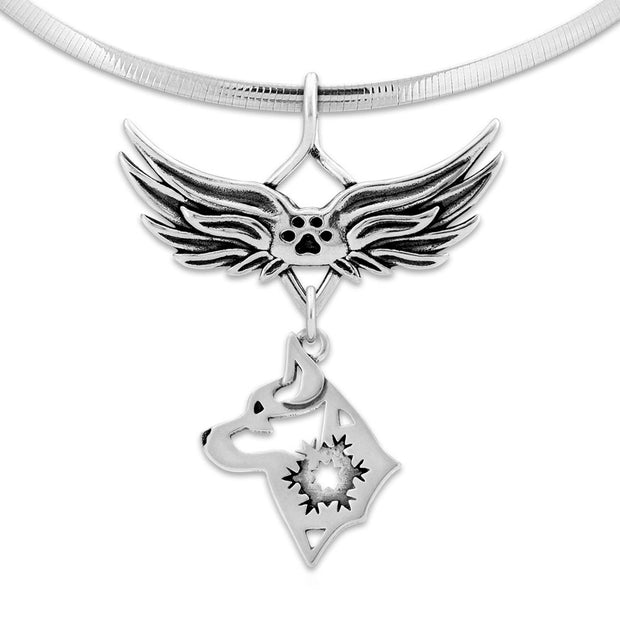 Alaskan Klee Kai Pet Loss Necklace with Angel Wing Charm Holder with Paw Print in Sterling Silver on Omega Chain.