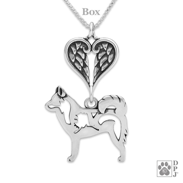 Alaskan Klee Kai Sympathy Gift Necklace with Heart Shaped Angel Wing Pendant in Sterling Silver on Box Chain.