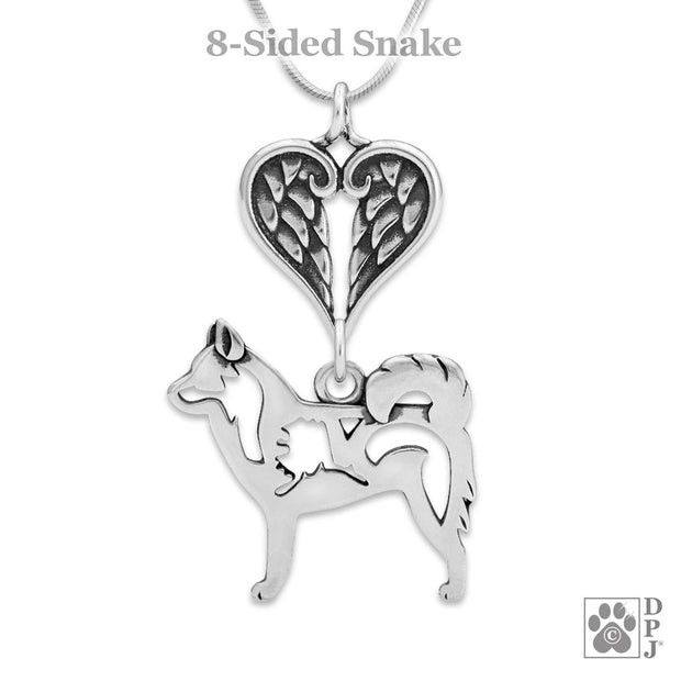 Alaskan Klee Kai Sympathy Gift Necklace with Heart Shaped Angel Wing Pendant in Sterling Silver on Snake Chain.