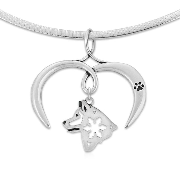 Alaskan Malamute Necklace with Open Heart Charm Holder with Paw Print in Sterling Silver on Omega Chain.