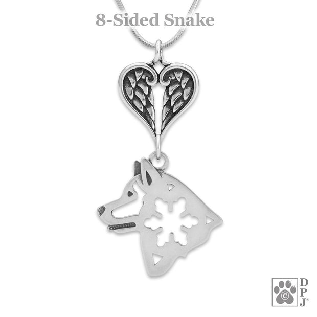 Alaskan Malamute Sympathy Gift Necklace with Heart Shaped Angel Wing Pendant in Sterling Silver on Snake Chain.